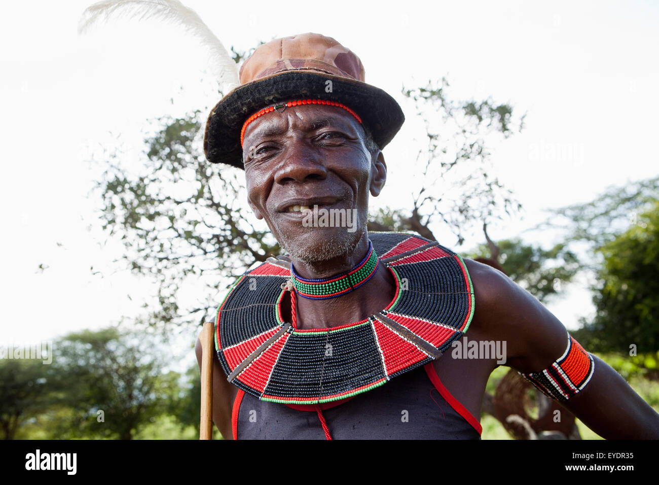 Kenya, Lake Baringo; Rift Valley, Portrait of traditionally dressed man from Pokot tribe Stock Photo