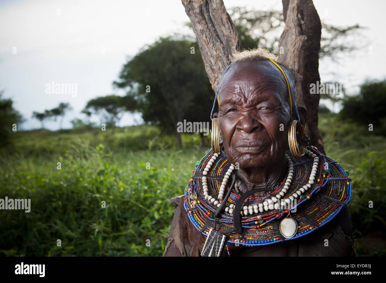 Kenya, Lake Baringo; Rift Valley, Portrait of traditionally dressed senior woman from Pokot tribe Stock Photo