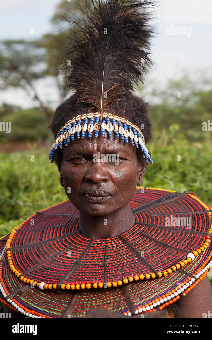 Kenya, Lake Baringo; Rift Valley, Portrait of traditionally dressed woman from Pokot tribe Stock Photo