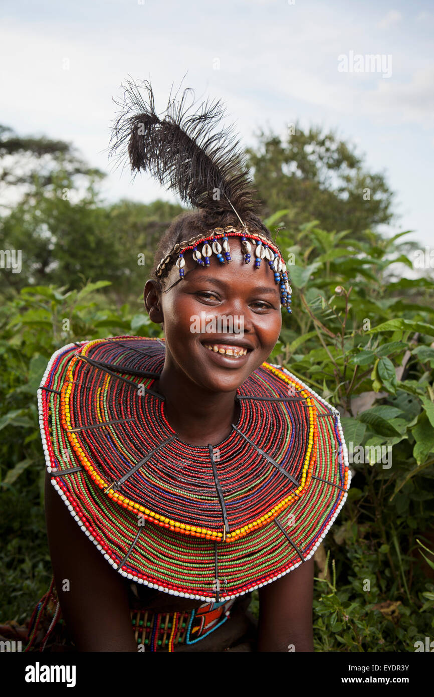 Kenya, Lake Baringo; Rift Valley, Portrait of traditionally dressed woman from Pokot tribe Stock Photo