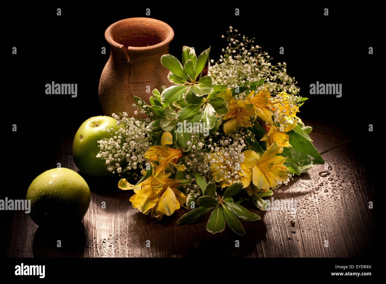 ceramic pot jar country style still life flower bouquet apple rural wood table culture food product Stock Photo