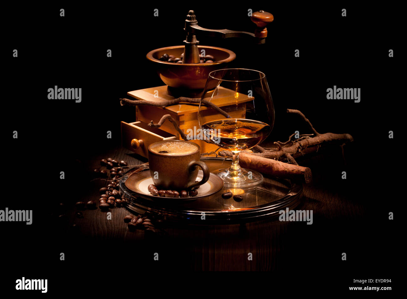 Cup Glass Of Coffee With Smoke And Coffee Beans On Old Wooden