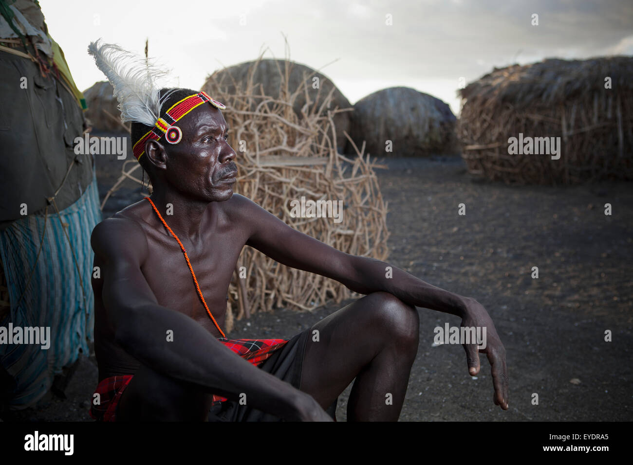 Kenya, Portrait of traditionally dressed Turkana man on Lake Turkana; Loyangalani Stock Photo
