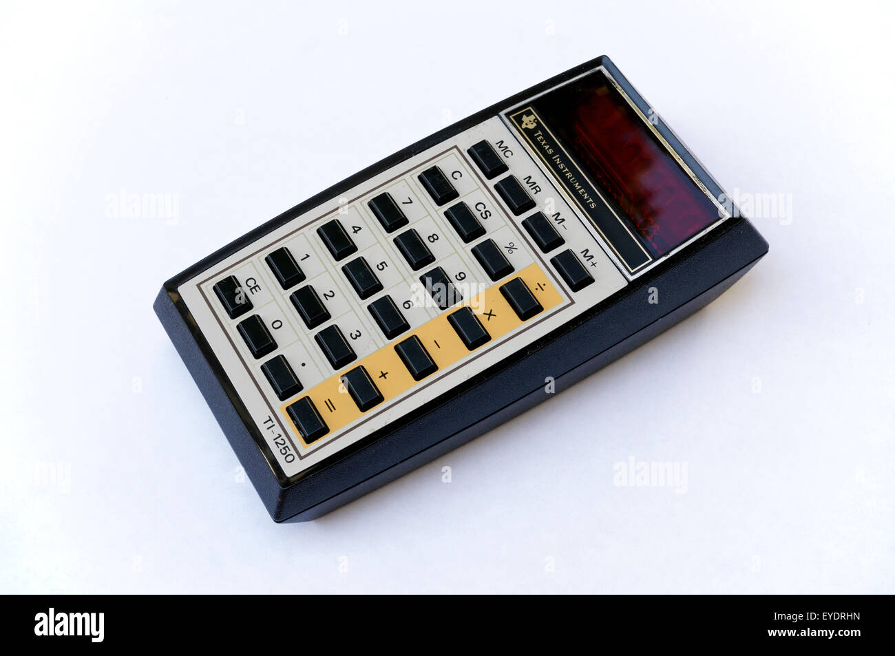 Vintage Texas Instruments TI-1250 basic math calculator introduced in 1975 on a white background Stock Photo