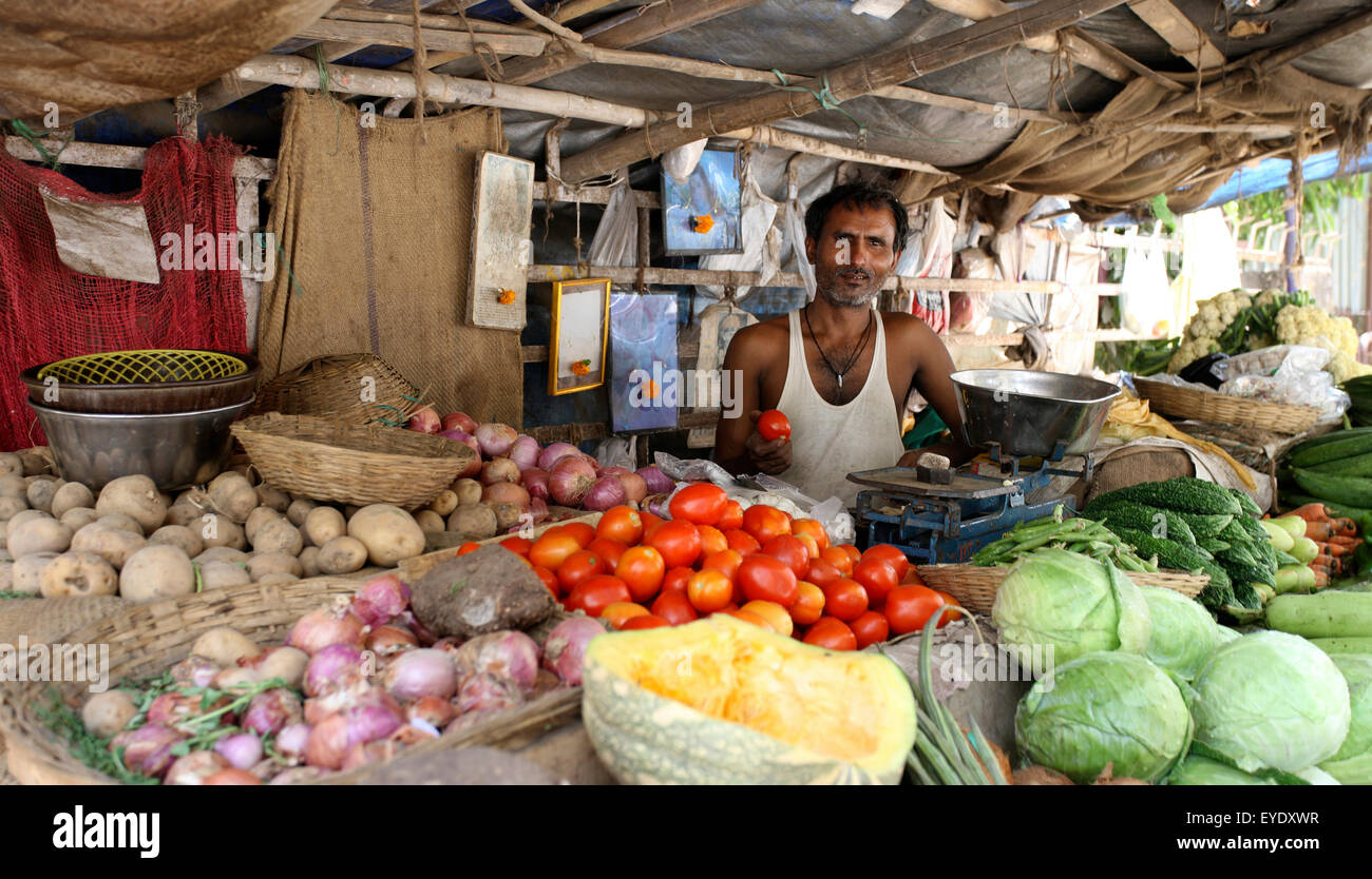 Vendor selling produce at the city market; Mumbai, India Stock Photo