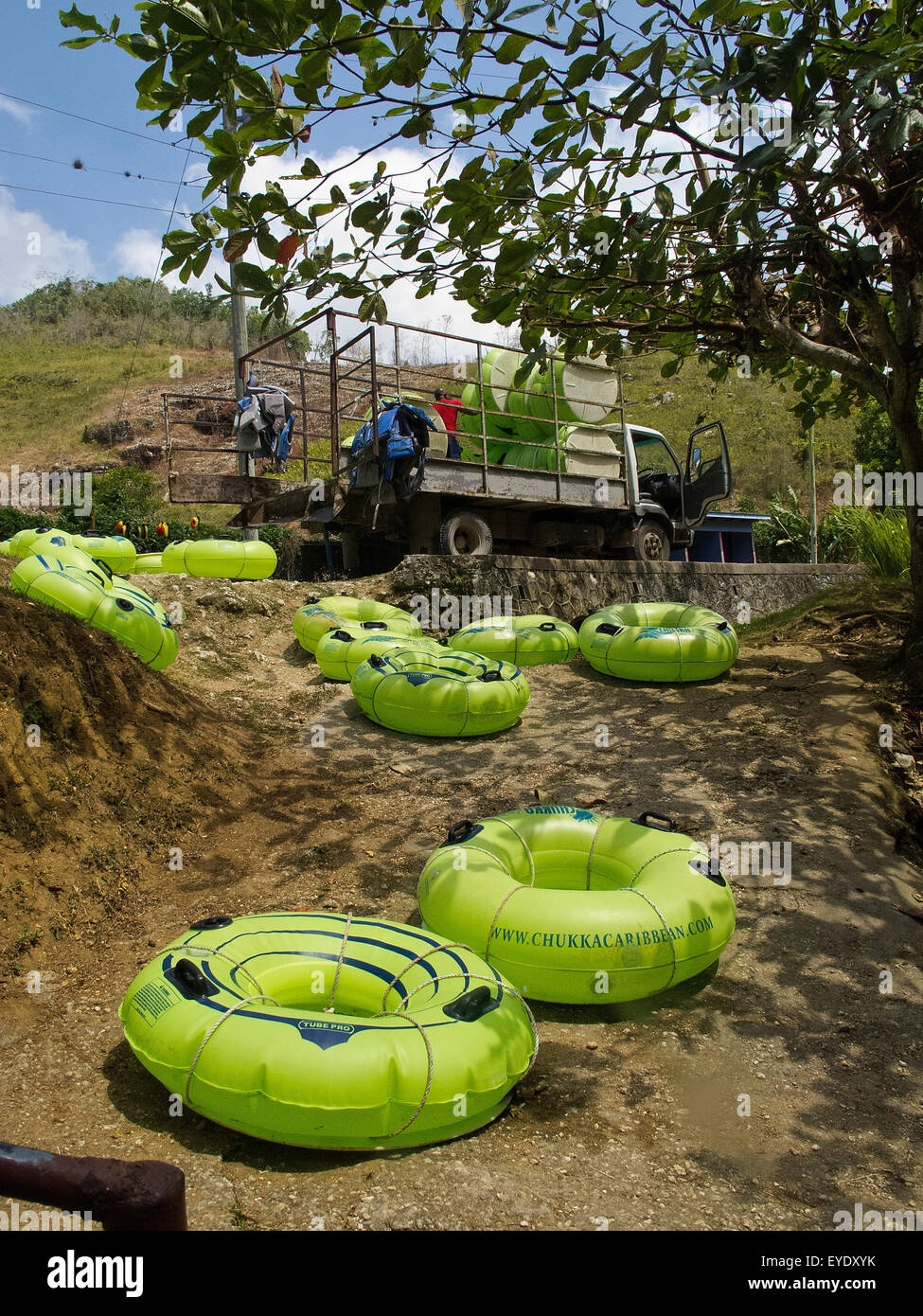 Inflatable inner tubes on the bank of the White River, Ocho Rios, St. Ann, Jamaica Stock Photo