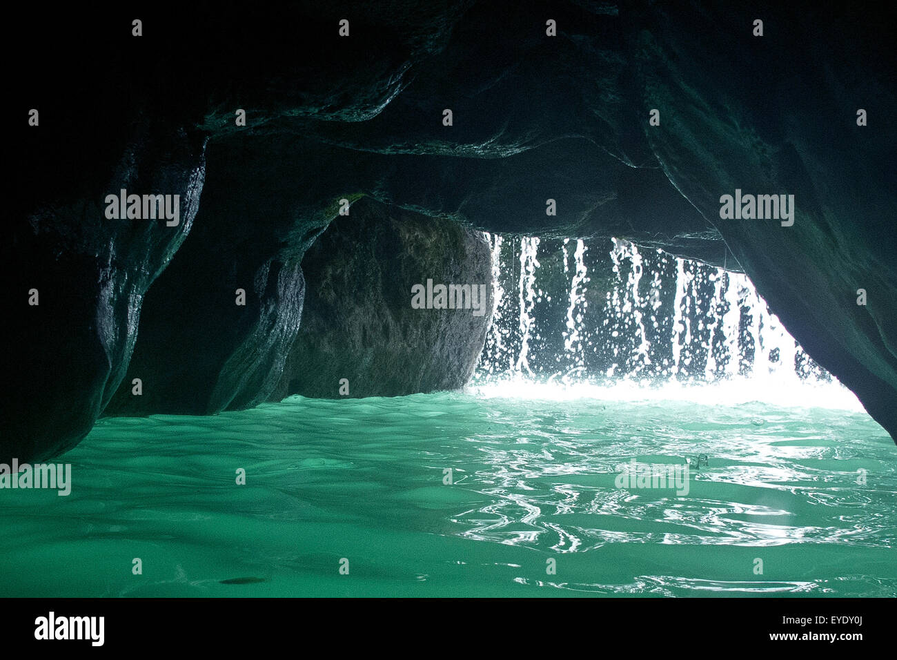 Cave under a waterfall, Blue Hole, White River, Ocho Rios, St. Ann, Jamaica Stock Photo