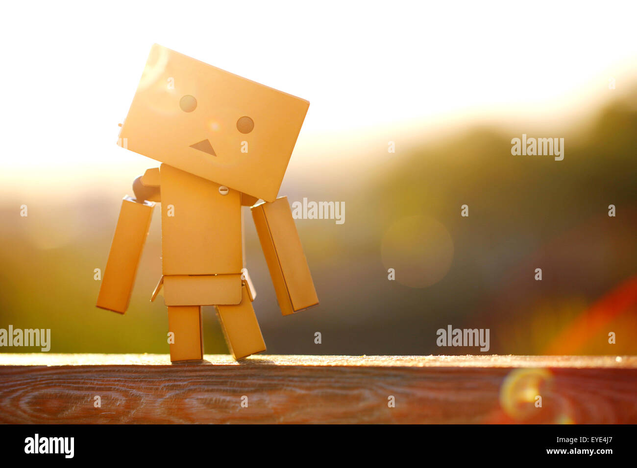 A Manga Japanese toy Danbo Danboard robot character posed for a portrait picture on a warm sunny morning. is a fictional cardboard box robot character Stock Photo