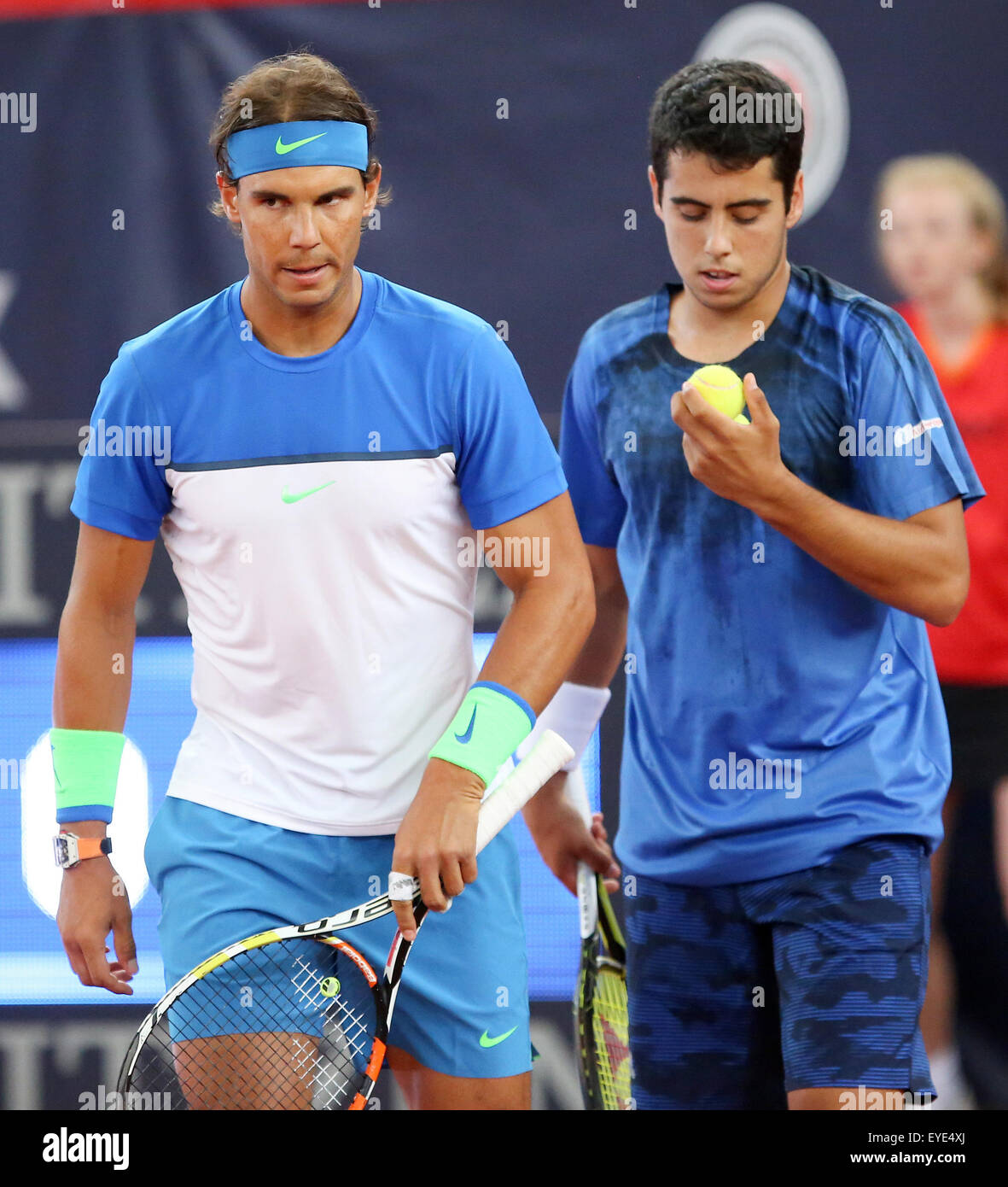 Rafael Nadal and (l-r) Jaume Munar of Spain pictured during a doubles match against Bolelli and Fognini of Italy at the ATP tennis tournament in Hamburg, Germany, 27 July 2015. Photo: BODO MARKS/dpa Stock Photo