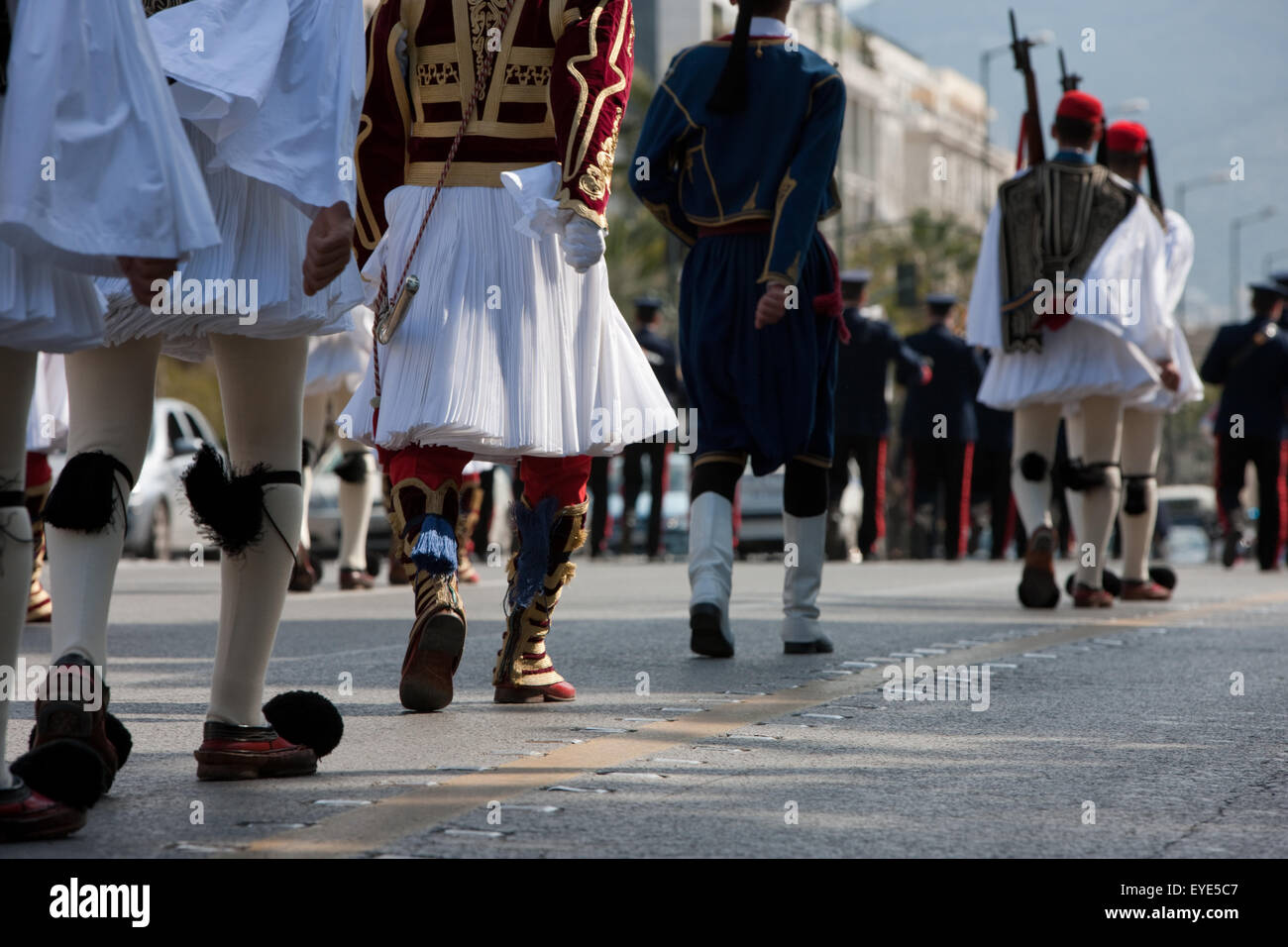 A regiment of Evzones goose-stepping on Vassilisis Sofias avenue, Syntagma, central Athens, Greece Stock Photo