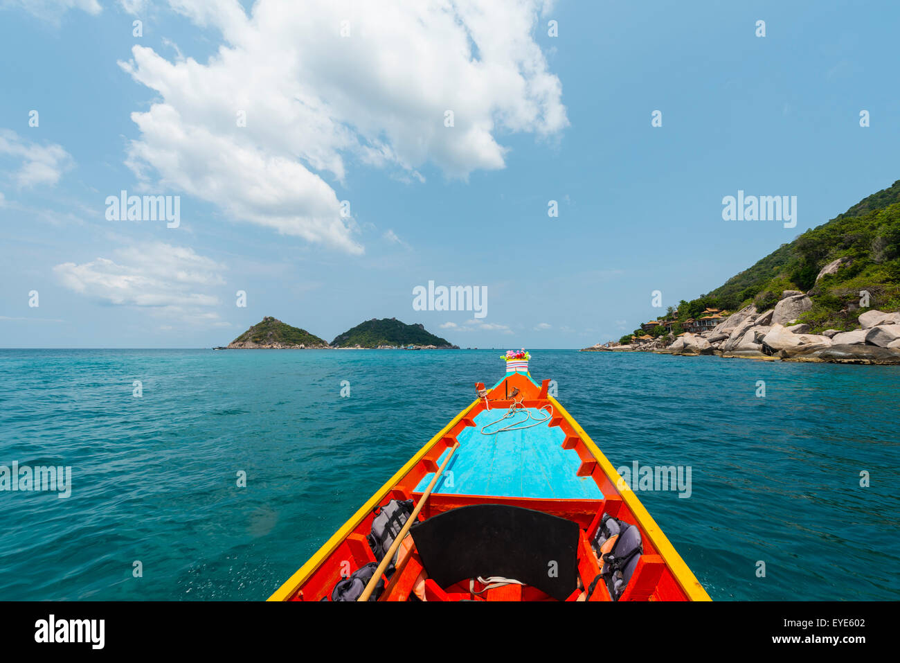 Bow of a moving longtail boat in the turquoise sea, island of Koh Tao, Gulf of Thailand, Thailand Stock Photo