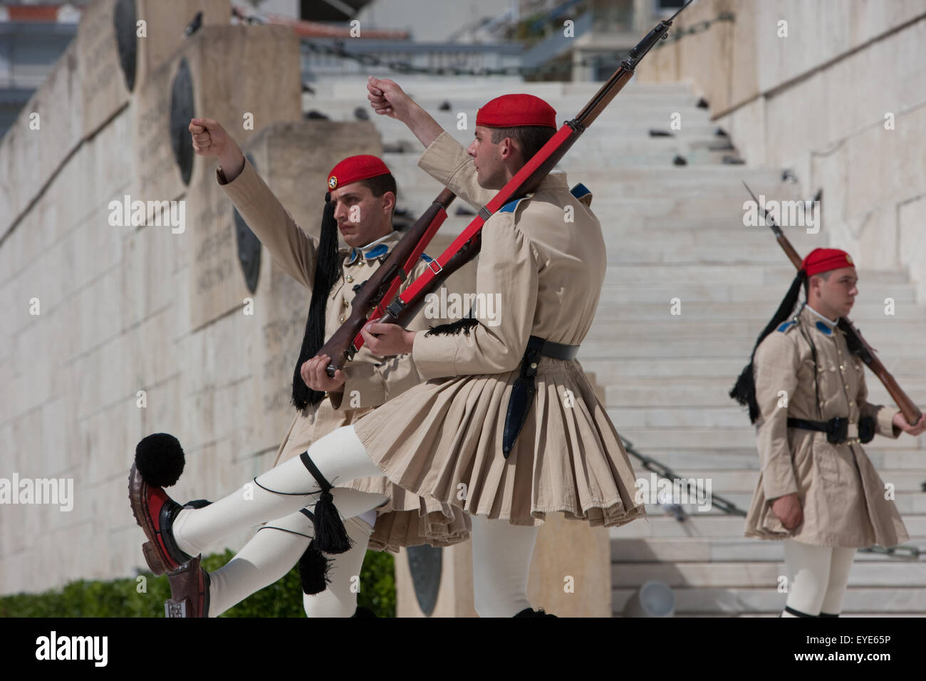 Guards shifting position during guard change wearing summer outfit. Syntagma square Athens, Greece. Stock Photo