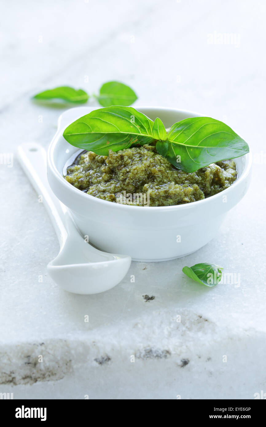 Traditional Italian pesto sauce with basil and olive oil Stock Photo