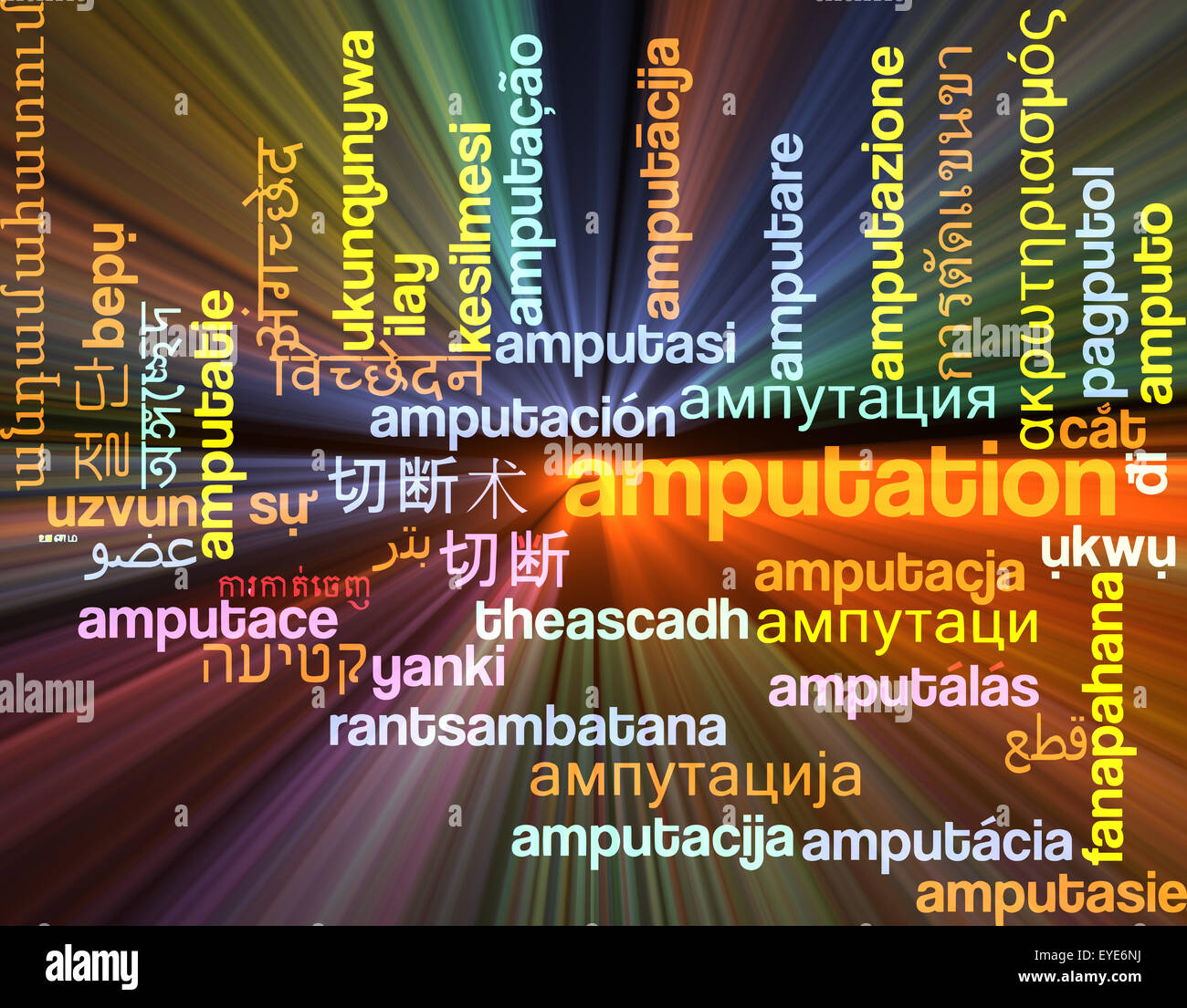 Background concept wordcloud multilanguage international many language illustration of amputation glowing light Stock Photo