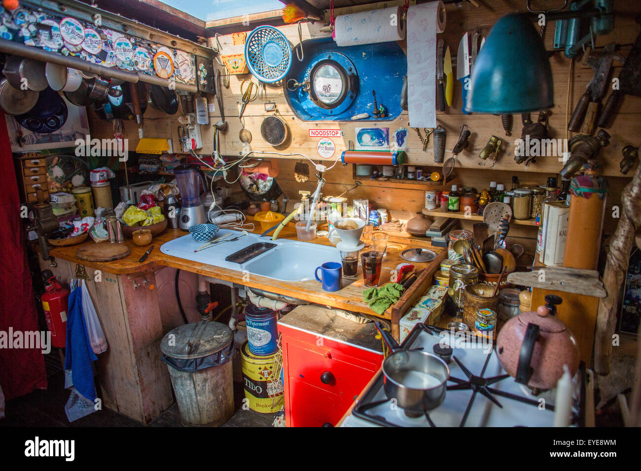 kitchen interior of a houseboat in Holland Stock Photo