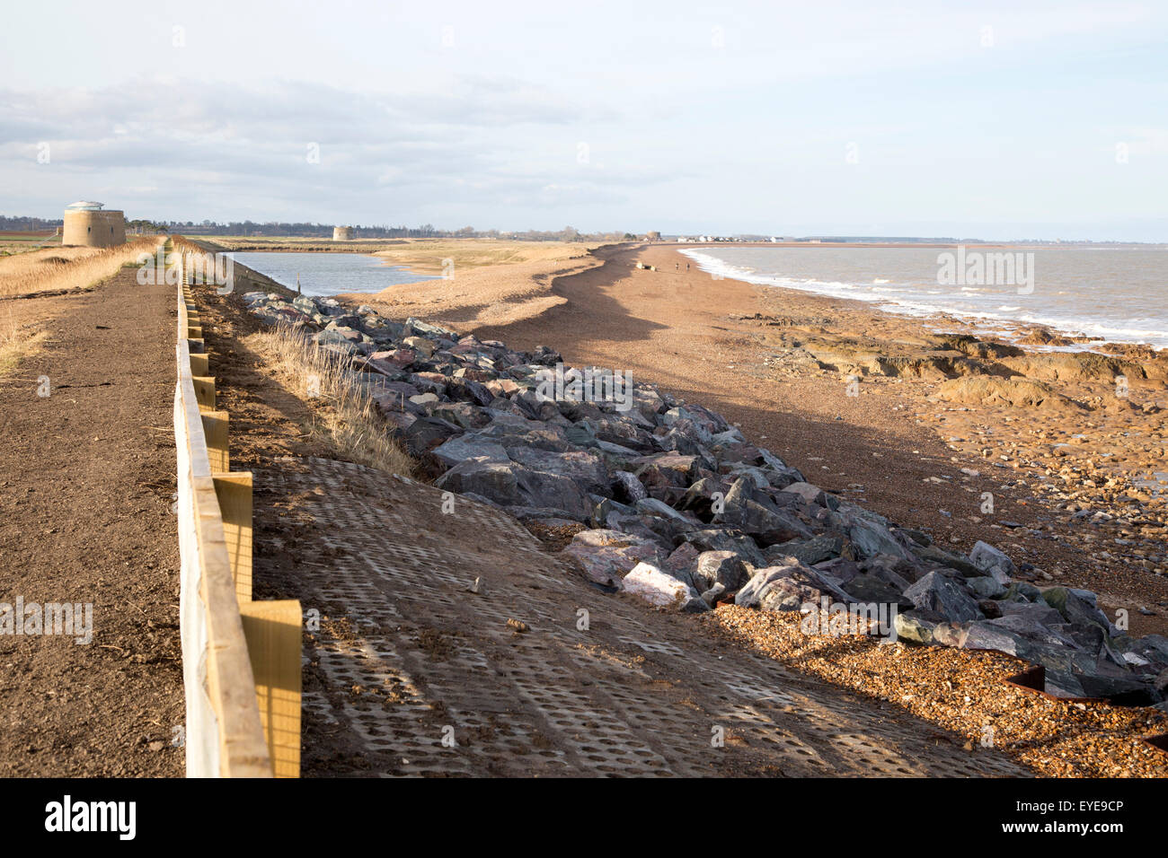 New rock armour coastal defences shingle beach at East Lane, Bawdsey, Suffolk, England, UK Stock Photo