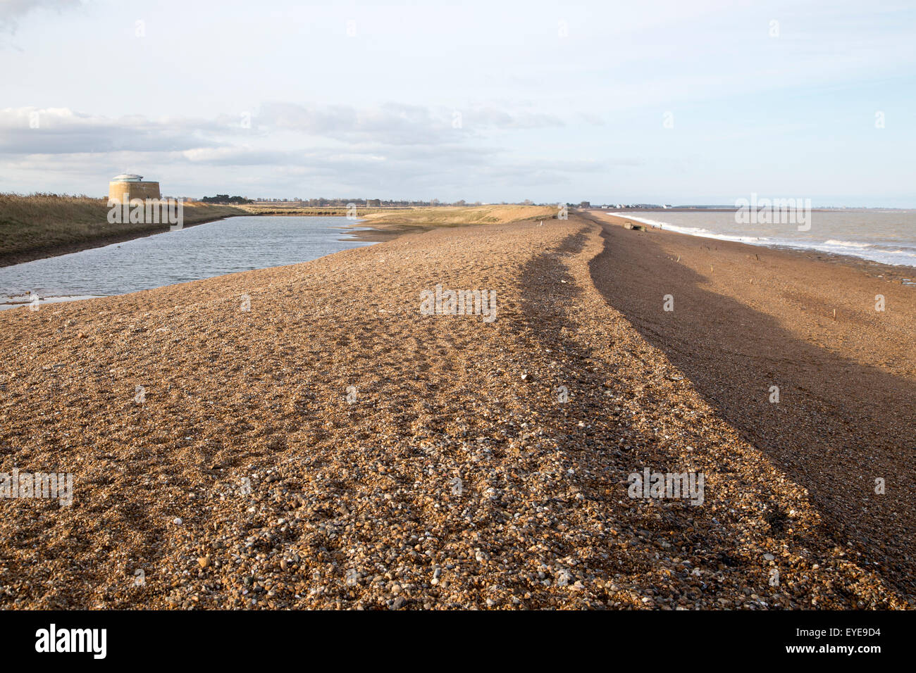 Shingle beach and lagoon at East Lane, Bawdsey, Suffolk, England, UK Stock Photo