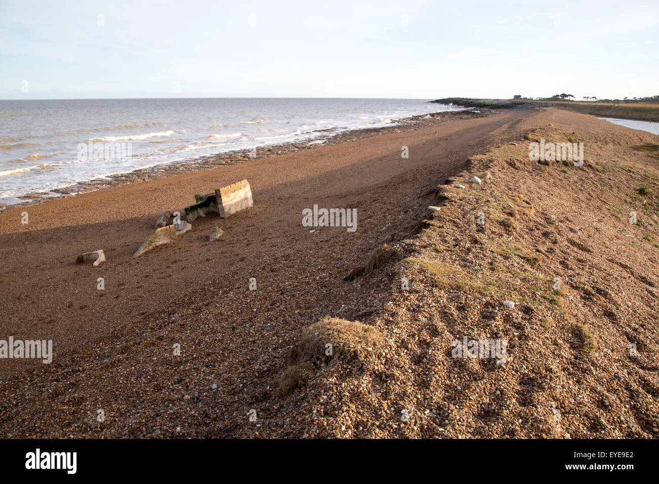 Shingle beach erosion coastline at East Lane, Bawdsey, Suffolk, England, UK Stock Photo