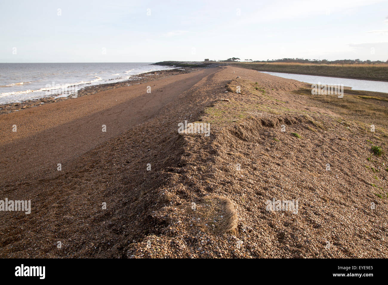Shingle beach lagoon coastline at East Lane, Bawdsey, Suffolk, England, UK Stock Photo