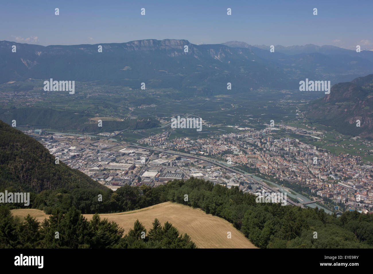 Seen from Colle-Kohlern lookout tower, an aerial landscape of the northern Italian south Tyrolean city of Bozen-Bolzano. Stock Photo