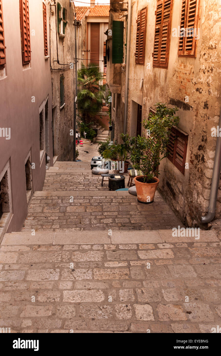 Aerial shoot of Old town Rovinj starirs at sunset, Istra region, Croatia. europe Stock Photo