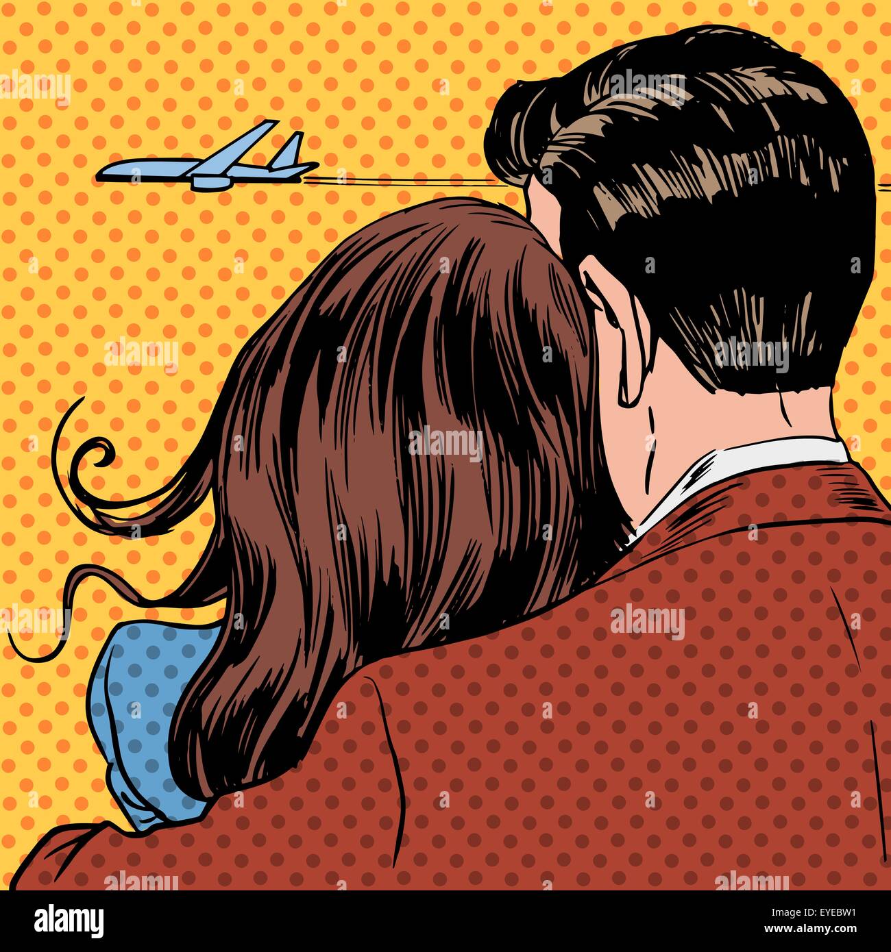 Loving couple looking at a plane taking off in the sky. A man and a woman hug and stand back Stock Vector