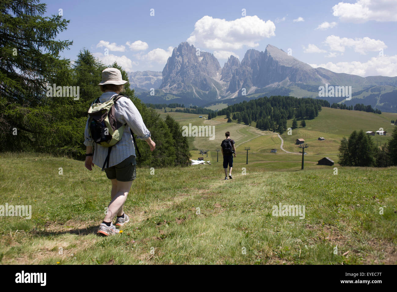 Hikers on the Siusi plateau, above the South Tyrolean town of Ortisei-Sankt Ulrich in the Dolomites, Italy. Stock Photo