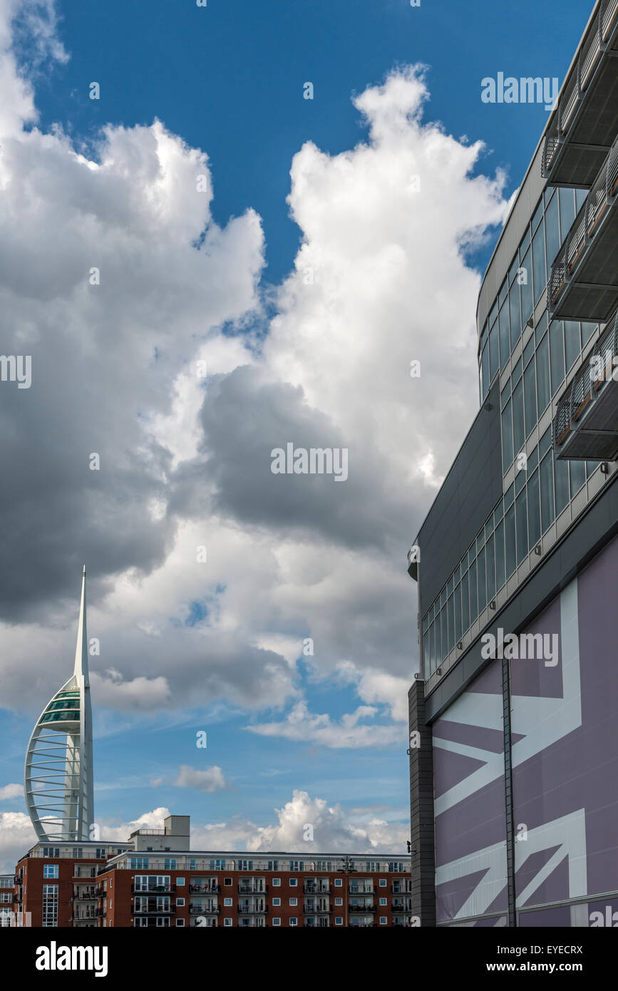 The new home of Ben Ainslie Racing and the Land Rover BAR America's Cup team with the Emirates Spinnaker Tower in the background Stock Photo