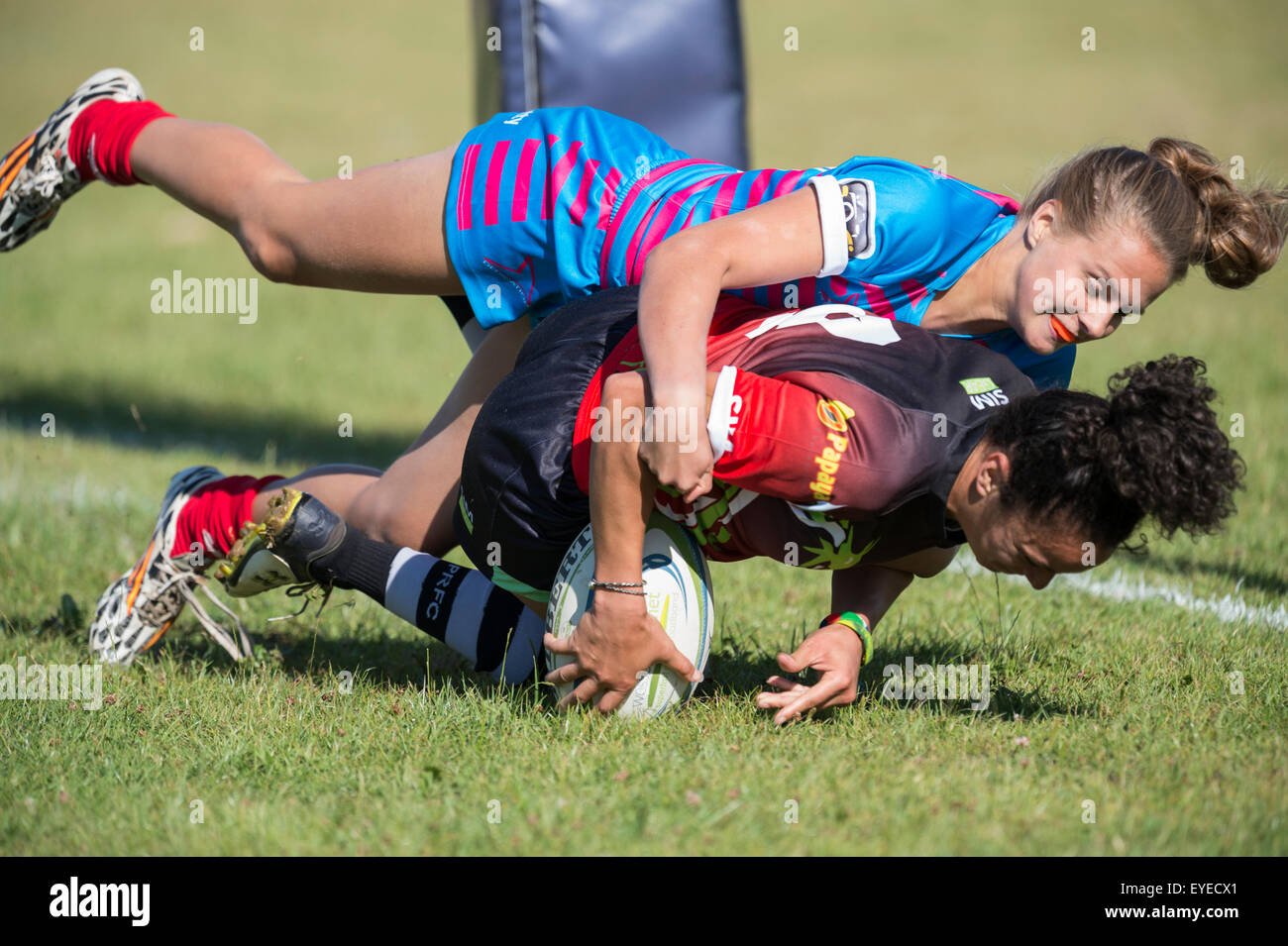 Female rugby player scoring try, just before touching down opposition player makes  diving tackle. Stock Photo