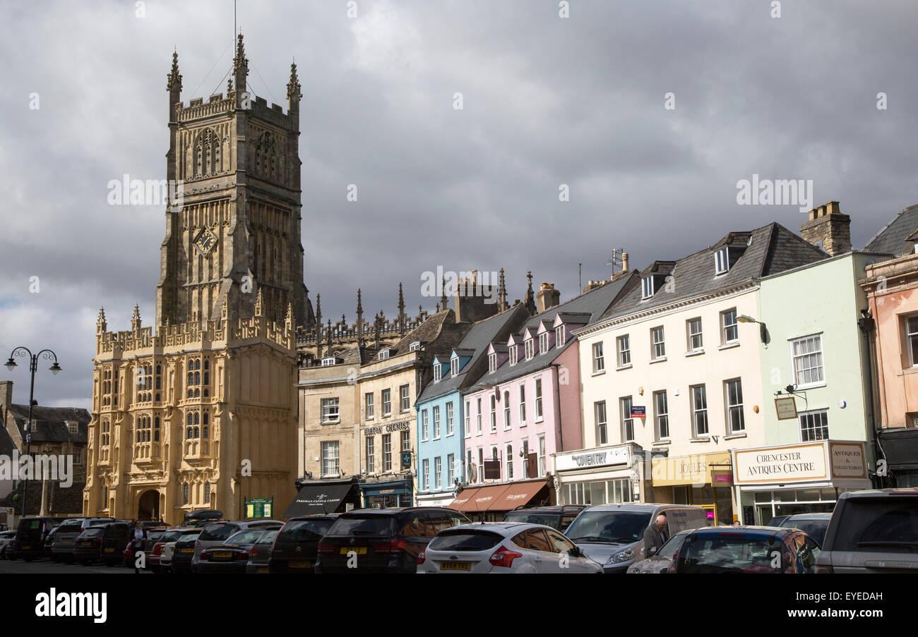 Church and historic buildings in town centre, Cirencester, Gloucestershire, England, UK, Stock Photo