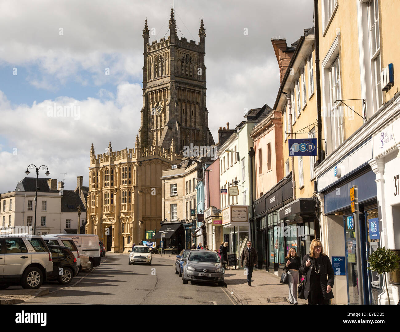 Church and historic buildings in town centre, Cirencester, Gloucestershire, England, UK, Stock Photo