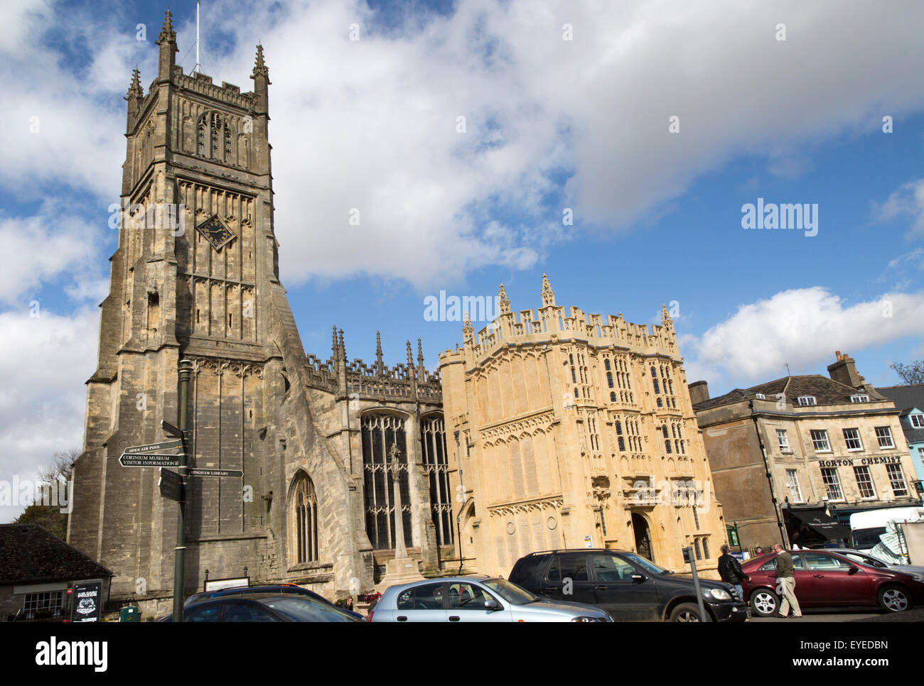 Historic church and stone gatehouse building, Cirencester, Gloucestershire, England, UK, Stock Photo