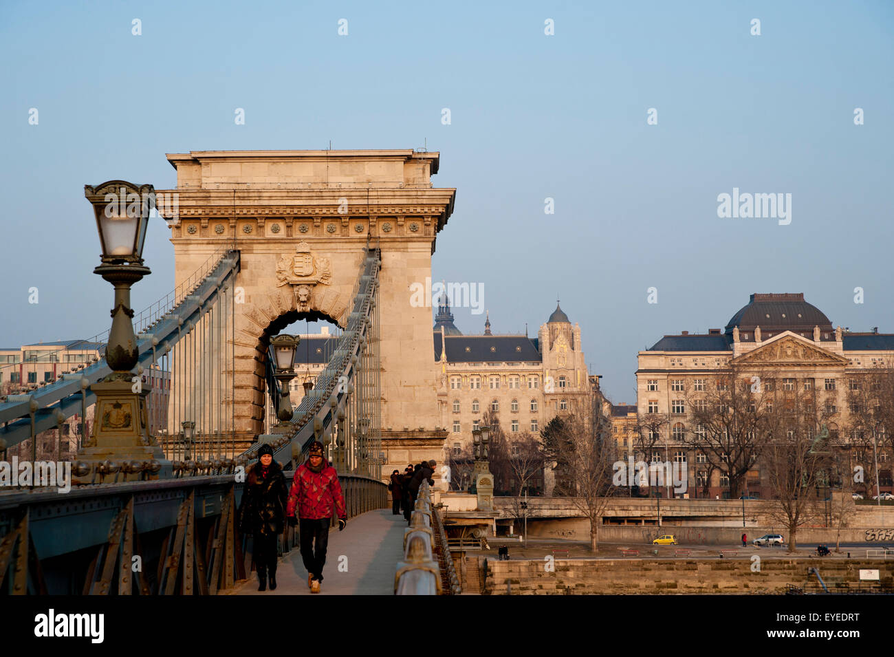 Pedestrians Over The Chain Bridge, Budapest, Hungary Stock Photo