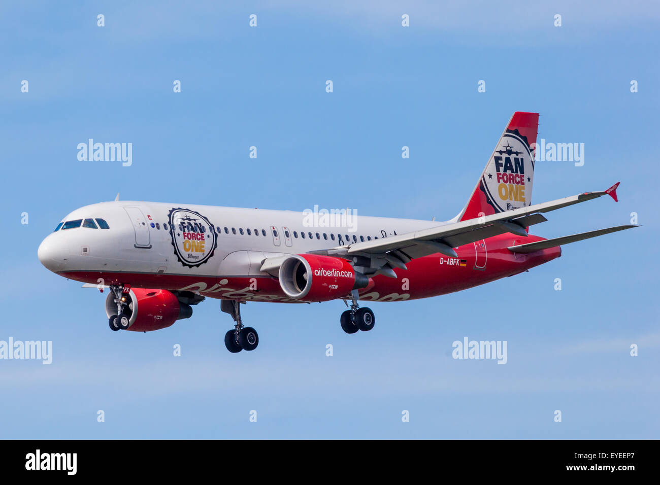 Air Berlin Airbus A320-200 with a Fan Force One painting landing at the Frankfurt International Airport (FRA). July 26, 2015 in Stock Photo