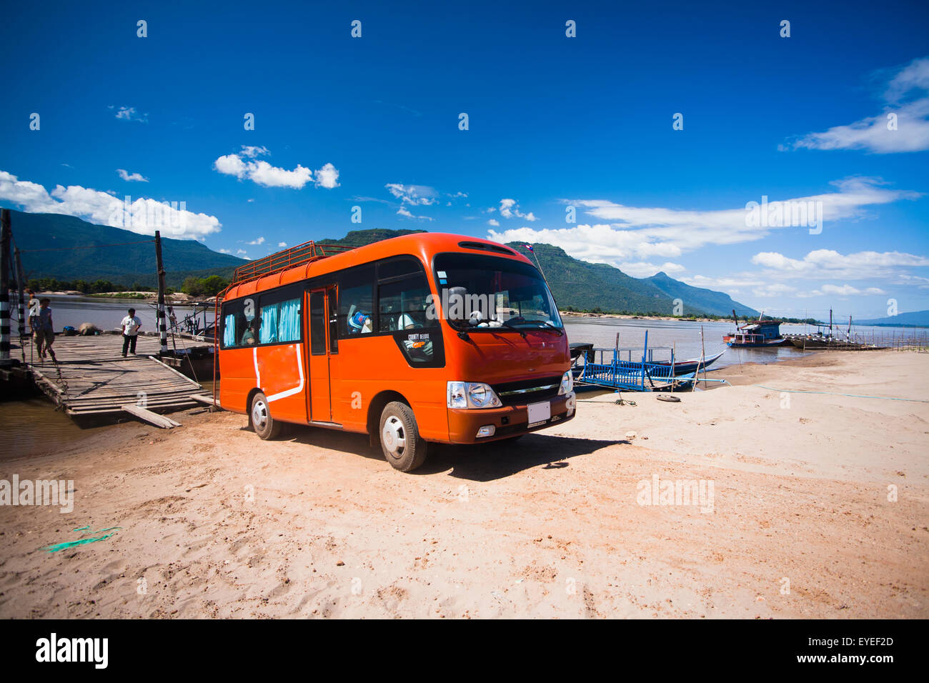 A bus ferry across the river; Laos Stock Photo