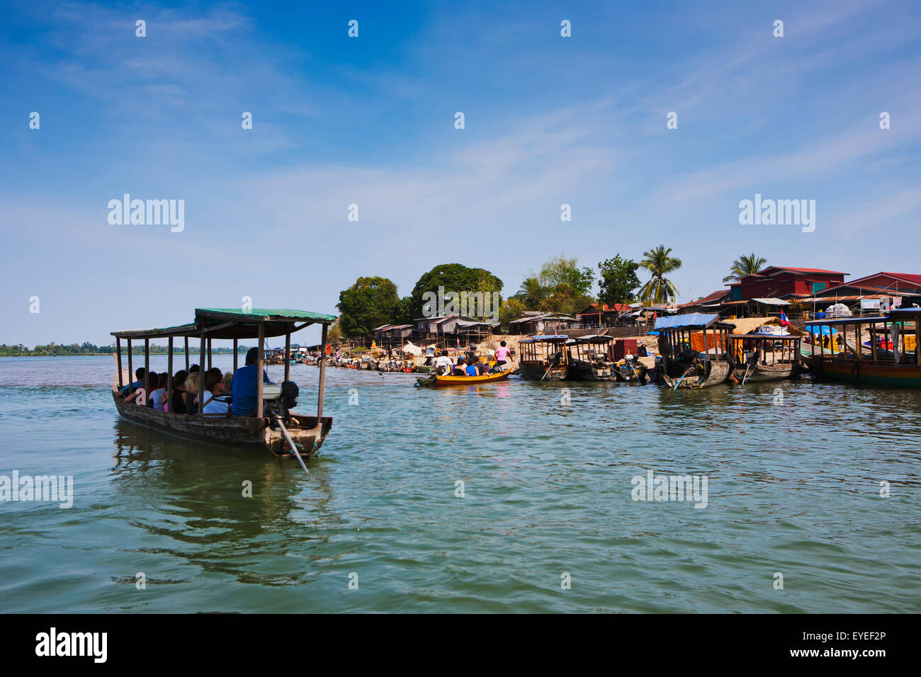 Ferry on the Mekong river from the Island of Don Det to the mainland; Laos Stock Photo