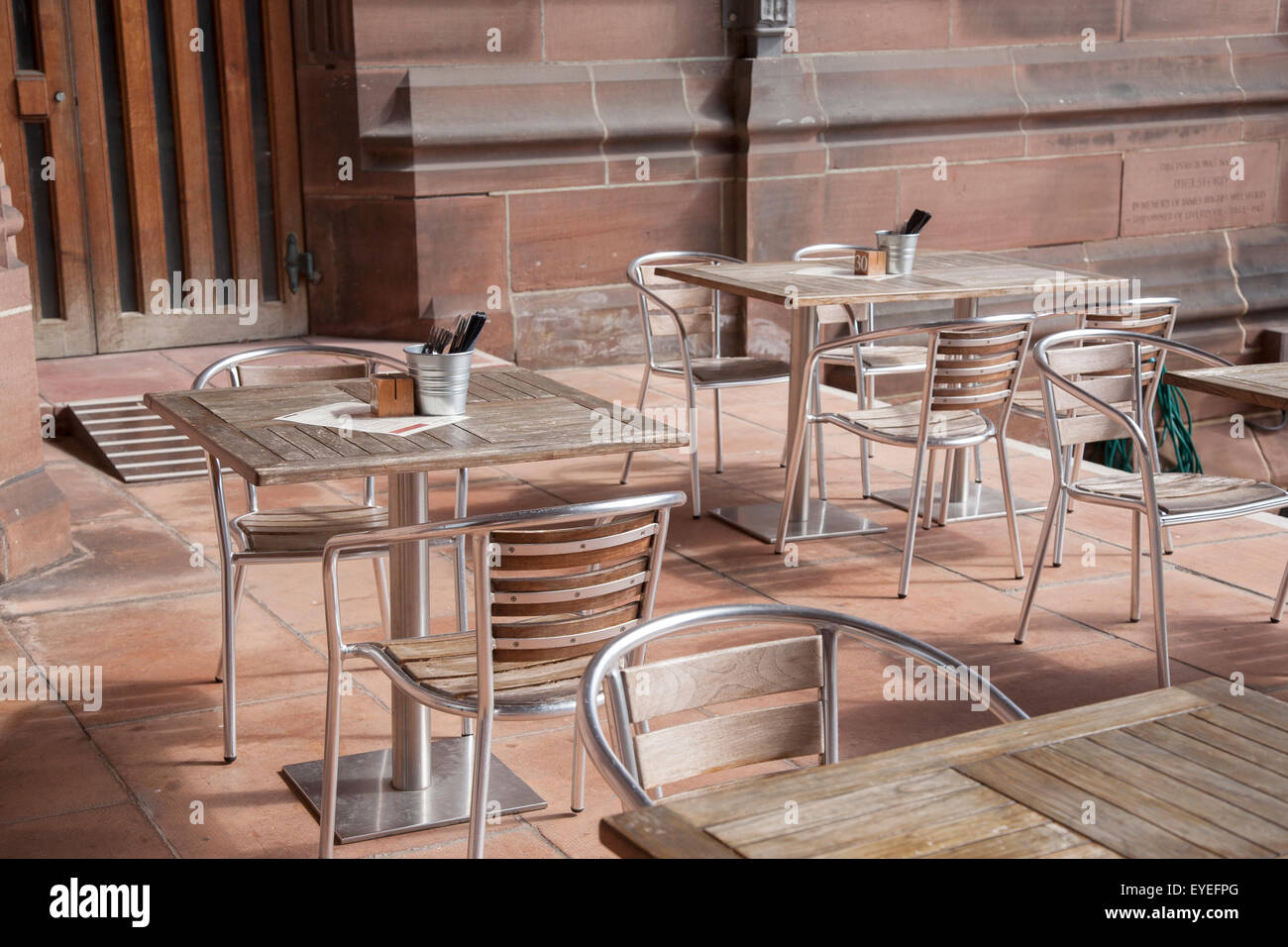 Cafe Table and Chairs at Liverpool Anglican Cathedral, England, UK