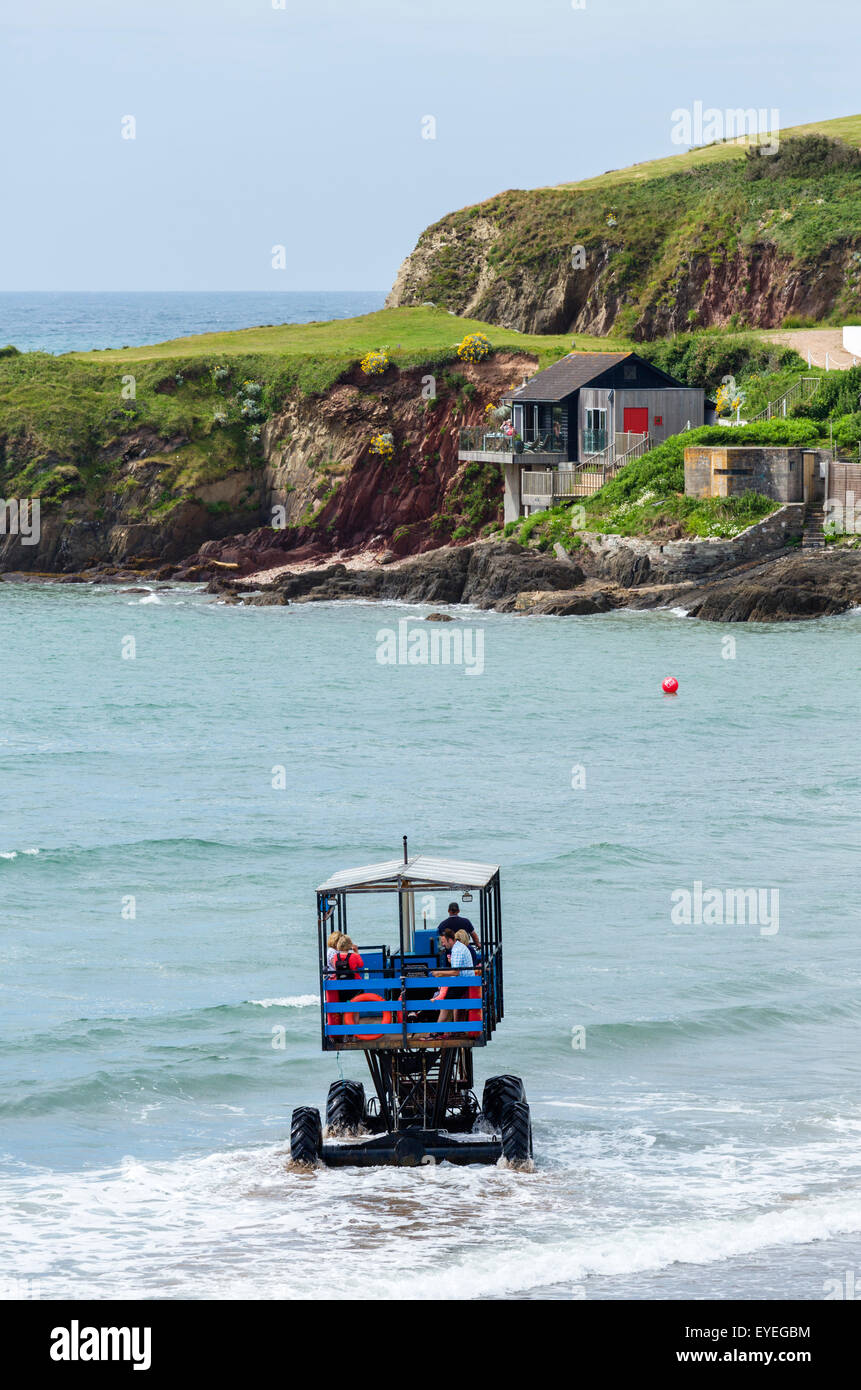 The sea tractor which crosses between Bigbury-on-Sea and Burgh Island at high tide, Devon, England, UK Stock Photo