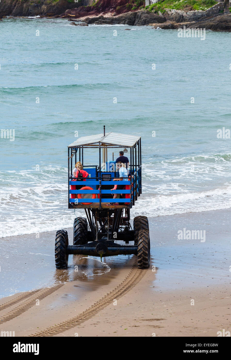 The sea tractor which crosses between Bigbury-on-Sea and Burgh Island at high tide, Devon, England, UK Stock Photo
