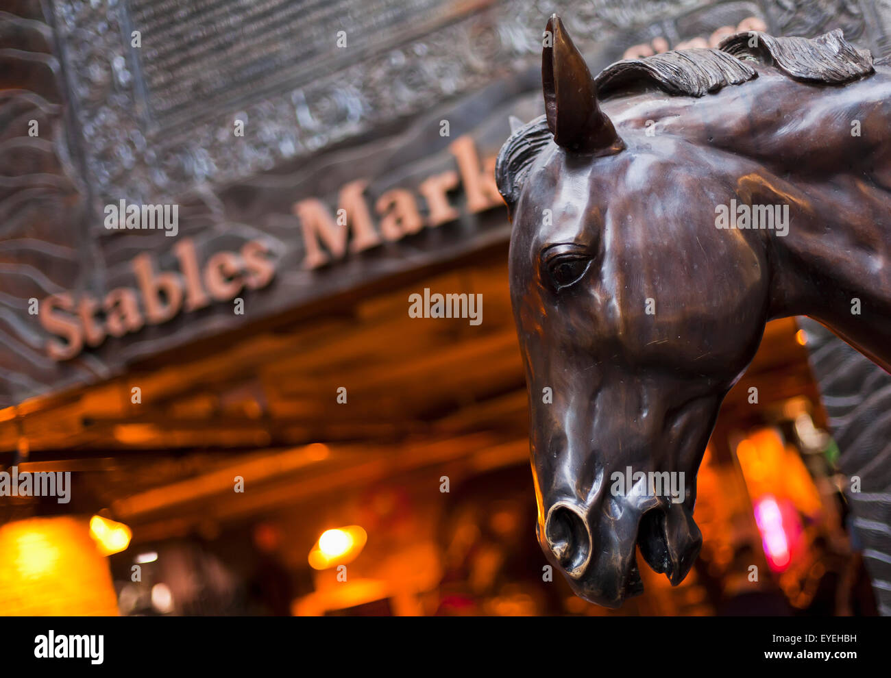 Bronze statue of a horse at the entrance to the Stables Market, Camden