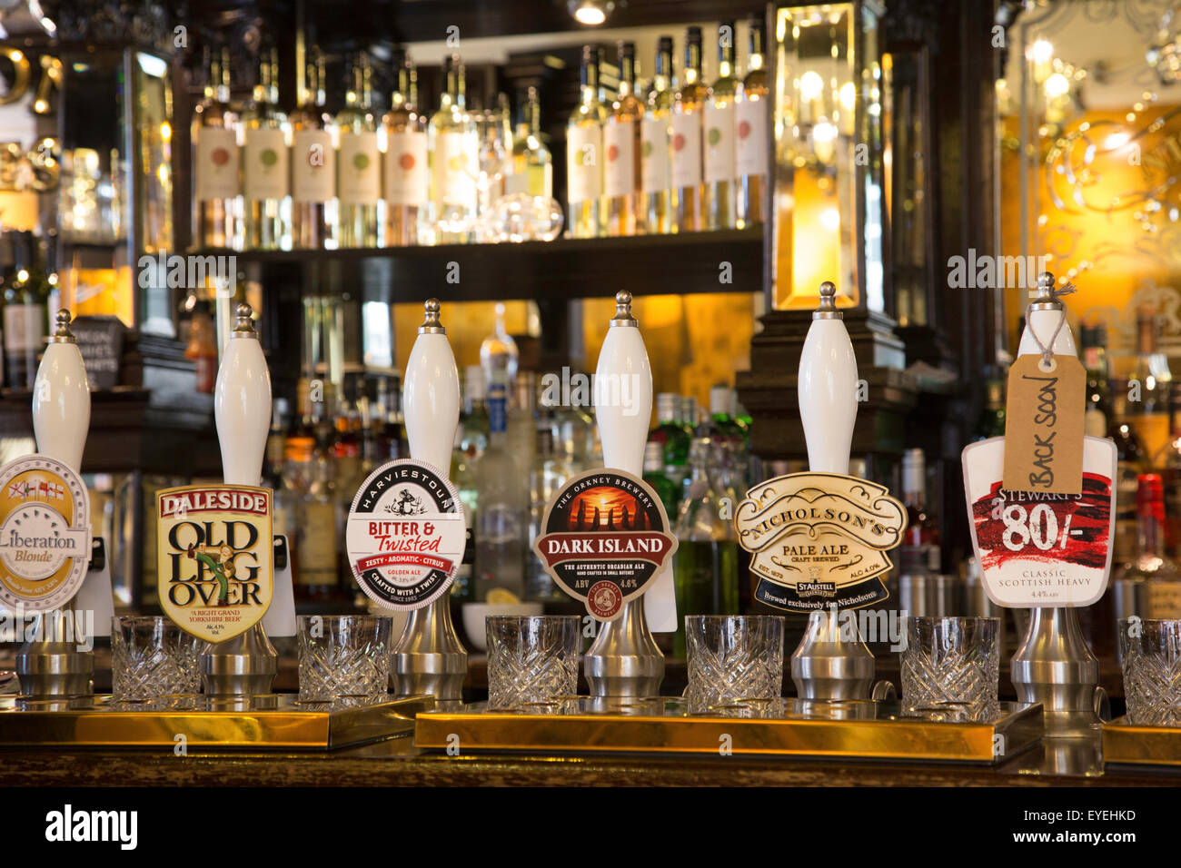 Traditional draft beers on display, England, UK Stock Photo