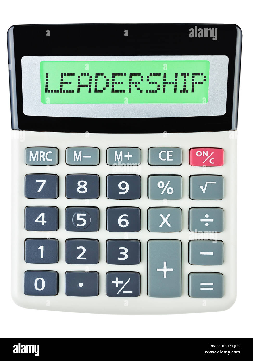 Calculator with LEADERSHIP  isolated on display on white background Stock Photo