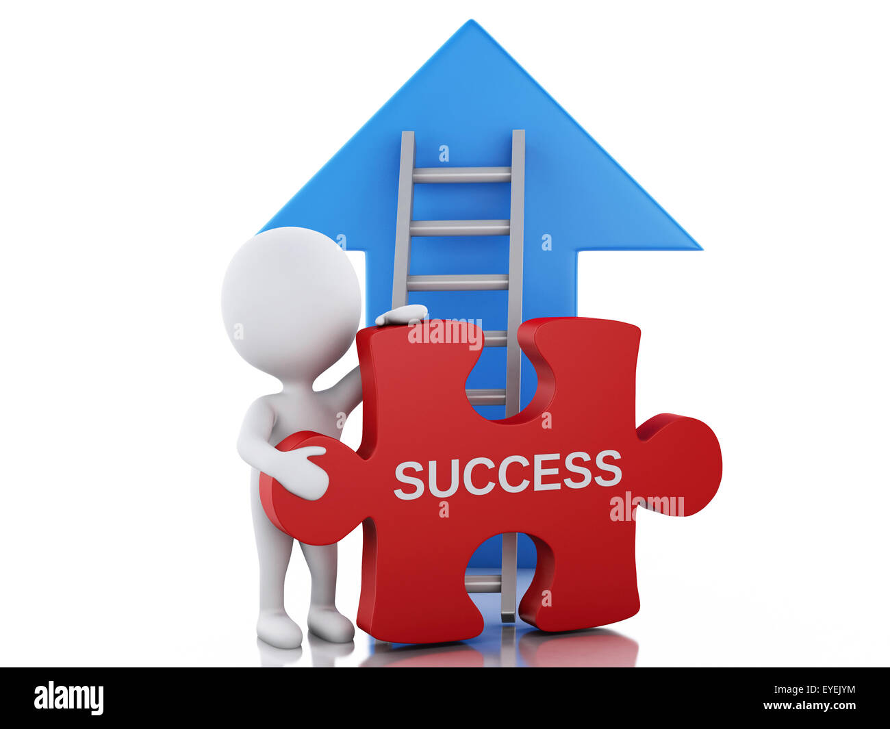 3d image. White people with puzzle pieces, arrow and stair. Success