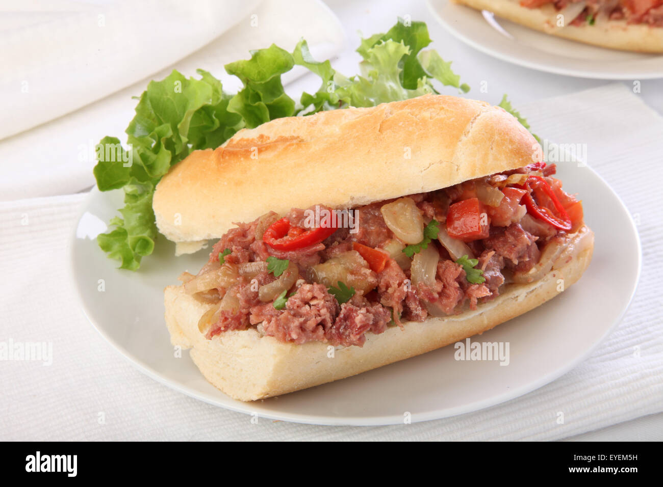 CORNED BEEF FRENCH BAGUETTE SANDWICH Stock Photo