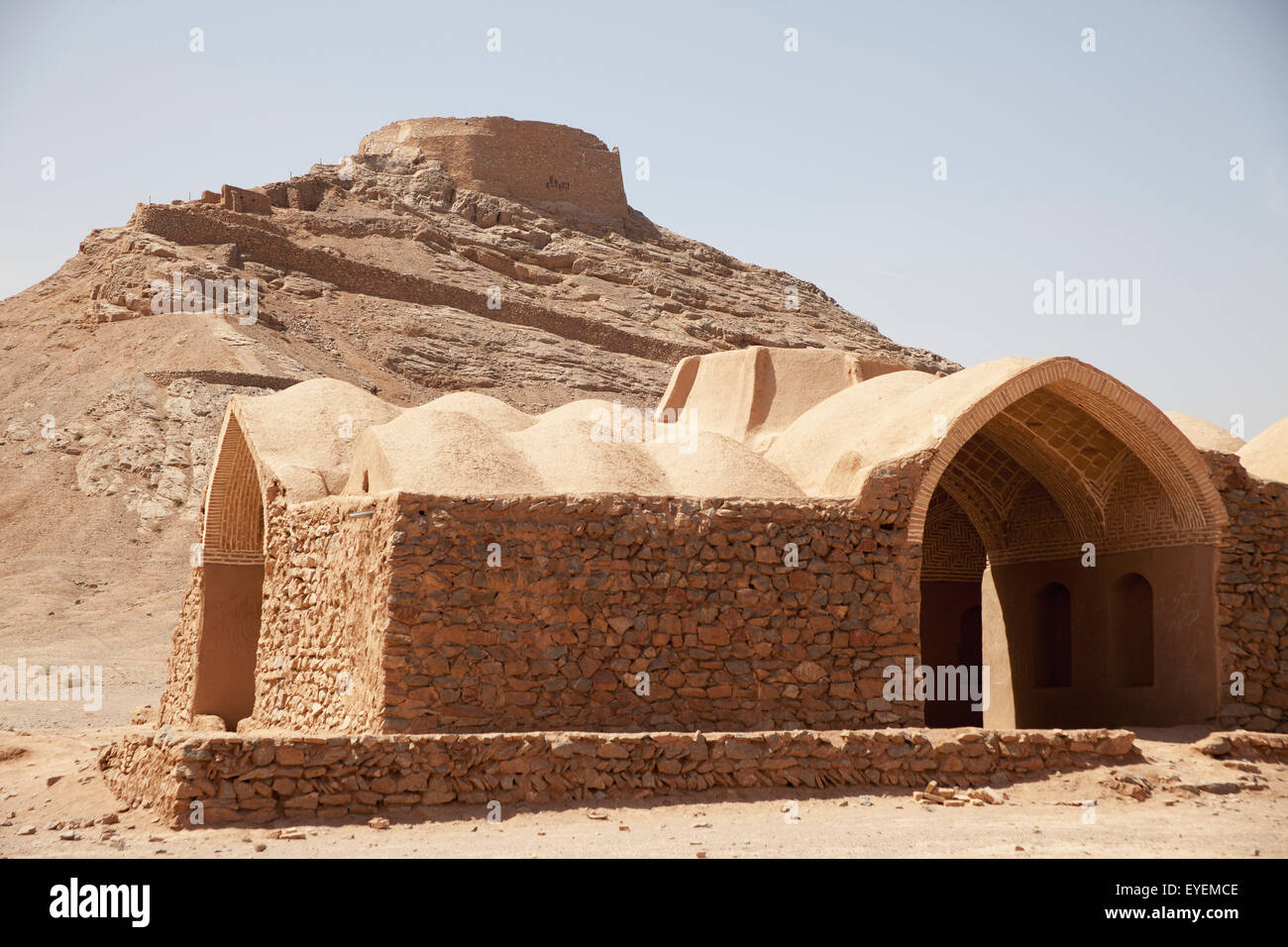 Zoroastrian Tower of Silence (Dakhmeh) and mortuary reception building; Yazd, Iran Stock Photo