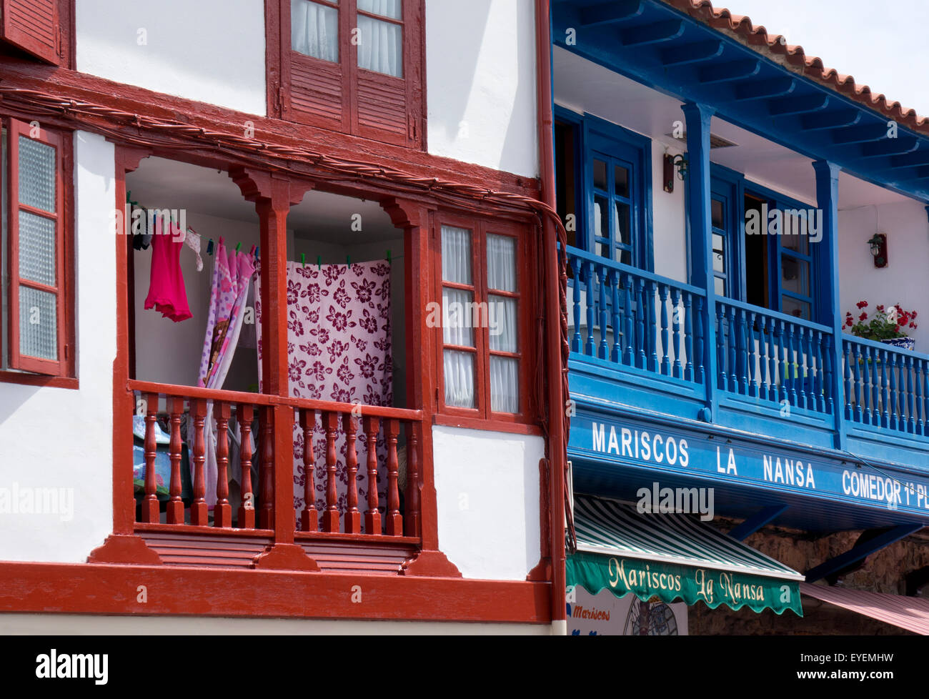 Traditional style balconies in Seaside village of Tazones,Asturias,Northern Spain Stock Photo