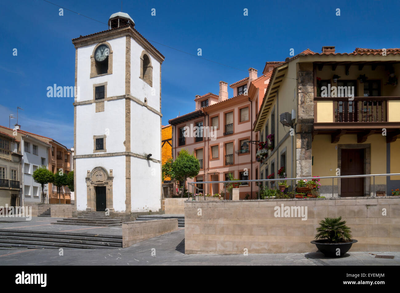 Clock tower and town square in Luanco,Asturias,Northern Spain Stock Photo