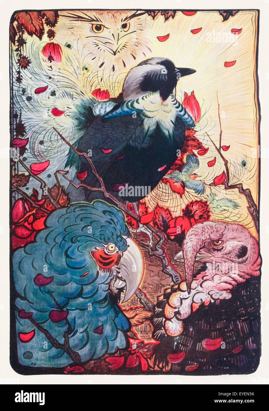 'The Vain Jackdaw' fable by Aesop (circa 600BC). A Jackdaw tried to make itself look pretty using the feathers of other birds who plucked them back. Borrowed feathers do not make fine birds. Illustration by Edward J. Detmold (1883-1957). See description for more information. Stock Photo