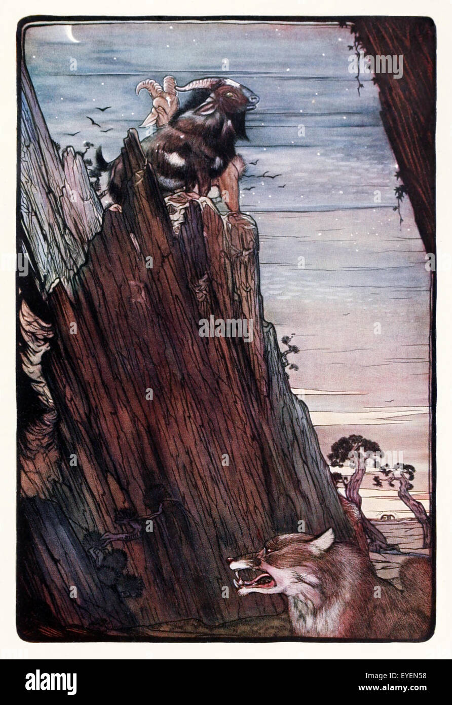 'The Wolf and the Goat' fable by Aesop (circa 600BC). A wolf tries to persuade a goat on a cliff to come down and feast on the tender grass below. An invitation prompted by selfishness is not to be accepted. Illustration by Edward J. Detmold (1883-1957). See description for more information. Stock Photo