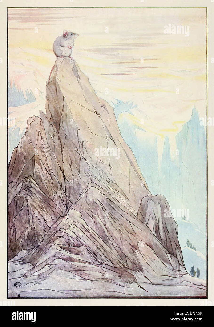 'The Mountain in Labour'  fable by Aesop (circa 600BC). A Mountain emitting terrible noises was said to be in labor. But, as people watched to see what would happen, all they saw come out of it was a mouse. Don’t make a big fuss over nothing. Illustration by Edward J. Detmold (1883-1957). See description for more information. Stock Photo